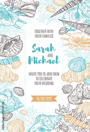 Seashells and corals frame on wedding invitation
