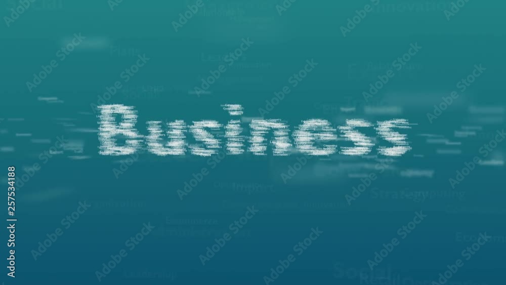 Business words are creating word the business in the center of video. Light blue background with different words, which deal with business. Close up. Copy space. 3D. Video 4K.