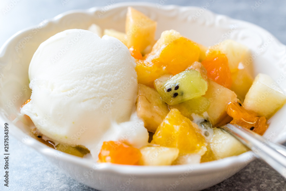 Fruit Salad with Vanilla Ice Cream in Ceramic Bowl. Fruit Salad with Vanilla Ice Cream in Ceramic Bowl.