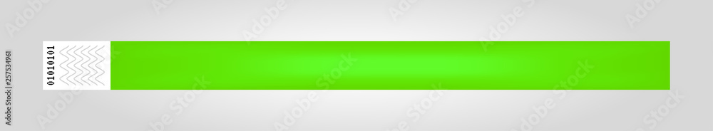 Vector illustration of luminous neon green cheap empty bracelet or wristband. Sticky hand entrance event paper bracelet isolated. Template or mock up suitable for various uses of identification.