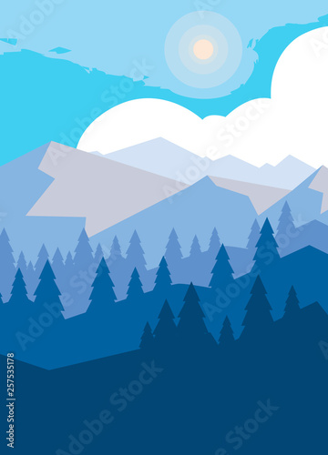 mountains with forest snowscape scene