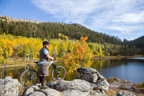 Biker admiring Marlette Lake landscape photo