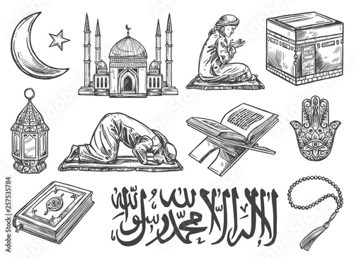 Islam religion symbols and cultural icons isolated