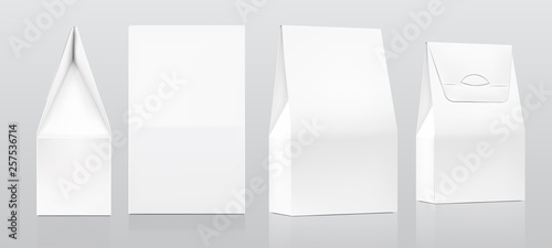 Realistic cardboard packaging boxes mockup. Front, rear and perspective view. Vector illustration. Can be use for medicine, food, cosmetic and etc. EPS10.	
