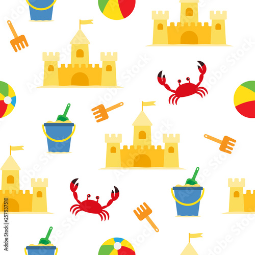 Beach summer seamless pattern with sand castle