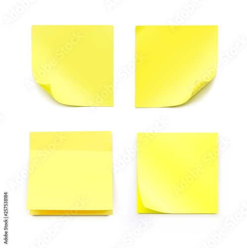 Yellow realistic stick note papers. Vector illustration isolated on white background. Ready for your design. EPS10.	