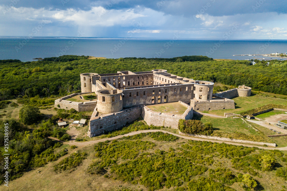 Sweden, Oeland, Aerial view of Borgholm castle Sweden, Oeland, Aerial view of Borgholm castle