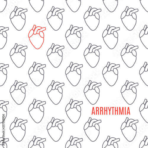 Cardiac arrhythmia disease awareness poster made in linear style on white background. Healthy blood vascular system medical concept. Human body organs anatomy icon. Vector illustration.
