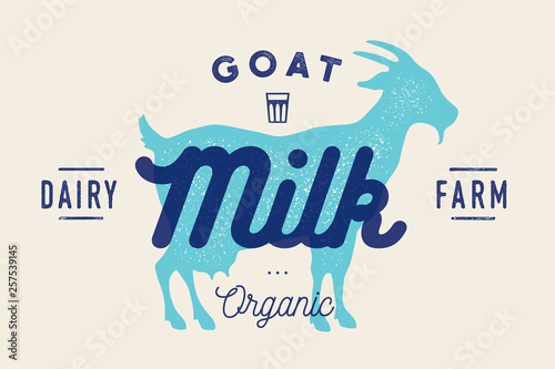 Milk, goat. Logo with goat silhouette, text Milk, Dairy farm