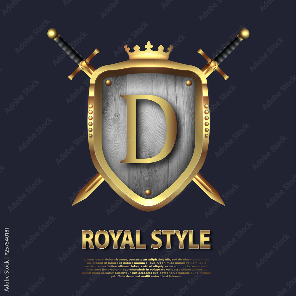 Two crossed swords and shield with crown and letter D. Letter Design in ...