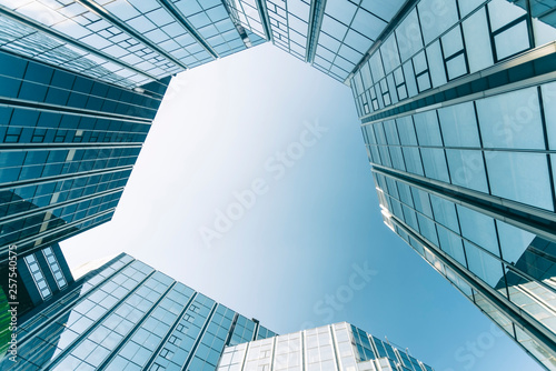 Low angle view of modern buildings in La Defense district in Paris, France