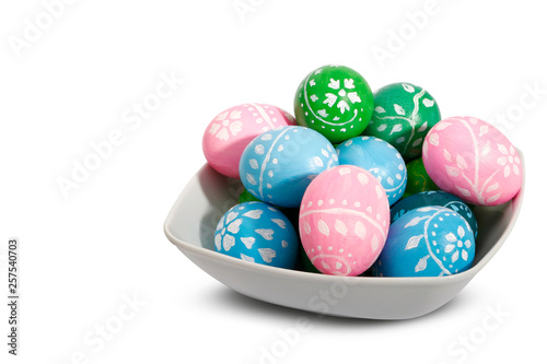 Easter plate with Easter eggs on wnite background.