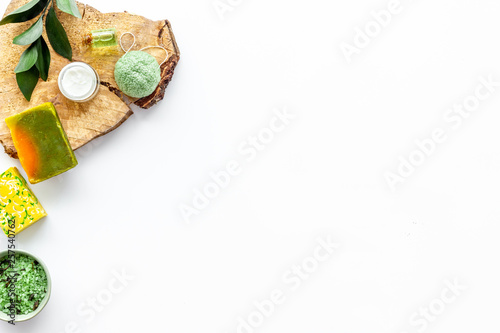 organic spa with herbal cosmetics on white background top view mockup
