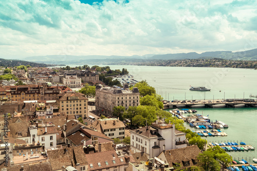 Cityscape with buildings, river and bridge, Zurich, Switzerland 