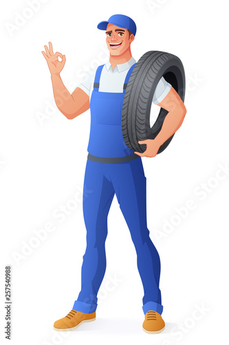 Auto mechanic car service man holding tire. Vector illustration.