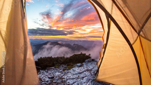 Sky at dawn from inside of pitched tent, Tasmania, Australia