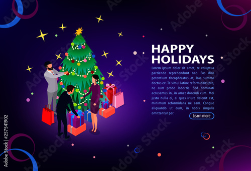 The concept of success. Joyful young people celebrate holidays together. Corporate party. Flat isometric infographics or banner. Illustration with text place isolated on white.