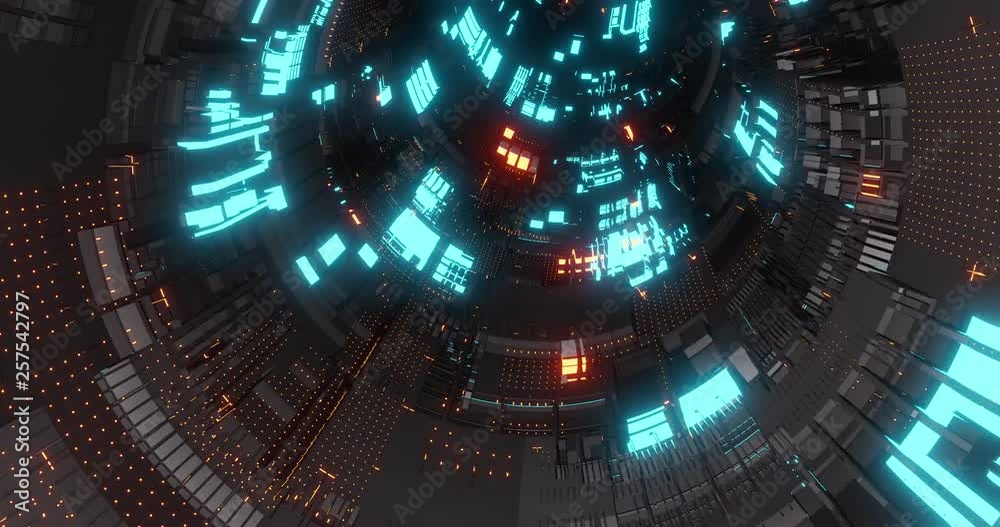 4K seamless loop flying into spaceship tunnel, sci-fi spaceship corridor. Futuristic technology abstract seamless VJ for tech titles and background. Motion graphic for internet, speed. 3D render