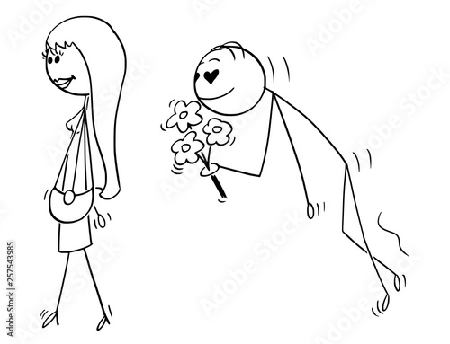 Cartoon stick figure drawing conceptual illustration of attractive beautiful young woman followed by enamoured or or amorous swain with eyes in shape of heart and holding flowers.