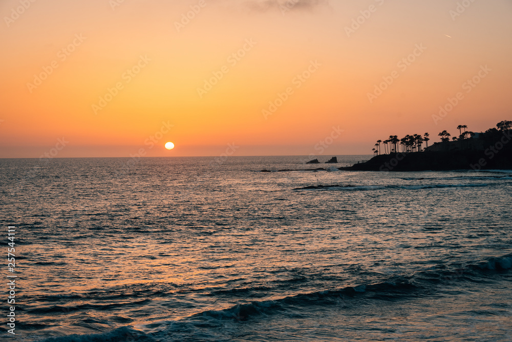 Sunset over the Pacific Ocean in Laguna Beach, Orange County, California
