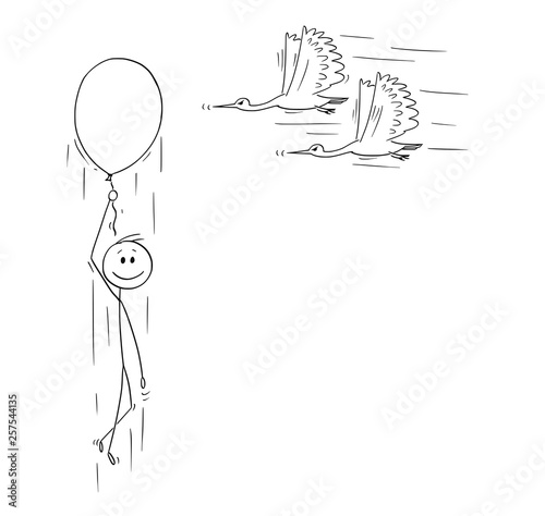 Cartoon stick figure drawing conceptual illustration of happy man or businessman flying up on inflatable party balloon while two birds with pointed beaks are flying to the balloon. Concept of danger