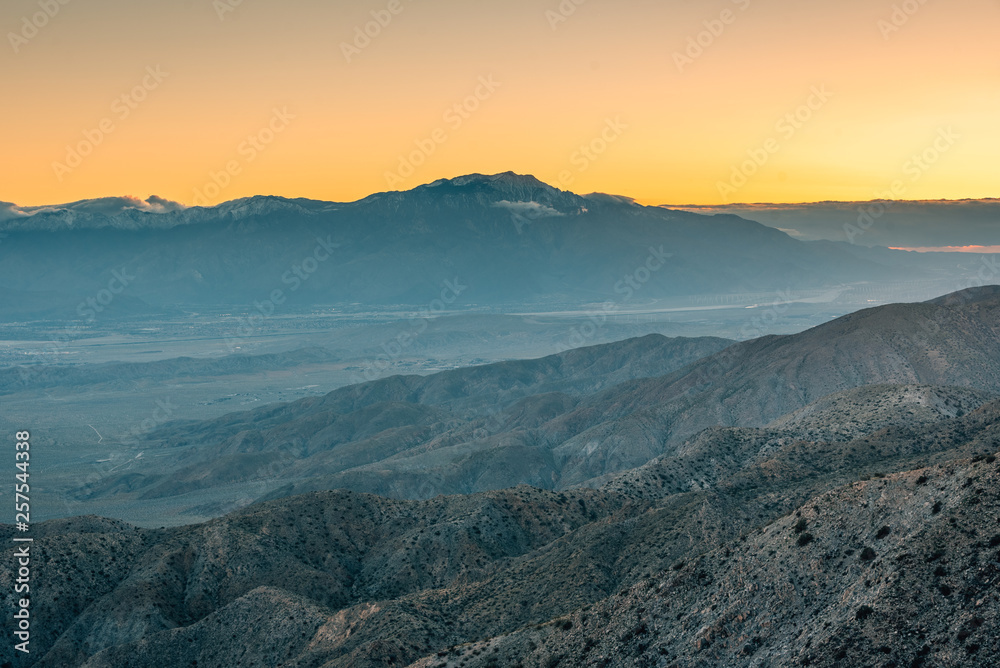 Sunset view of mountains in the desert from Keys View, in Joshua Tree National Park, California