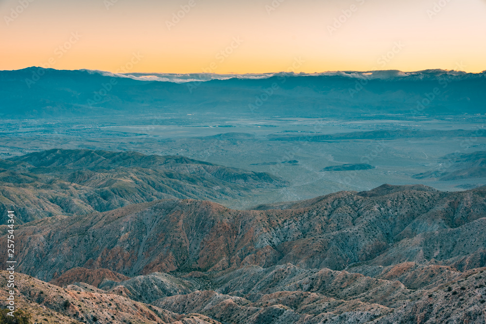 Sunset view of mountains in the desert from Keys View, in Joshua Tree National Park, California Sunset view of mountains in the desert from Keys View, in Joshua Tree National Park, California
