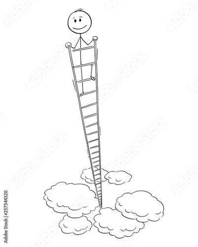 Cartoon stick figure drawing conceptual illustration of smiling happy man or businessman looking around from the top of very high ladder. Business concept of success.