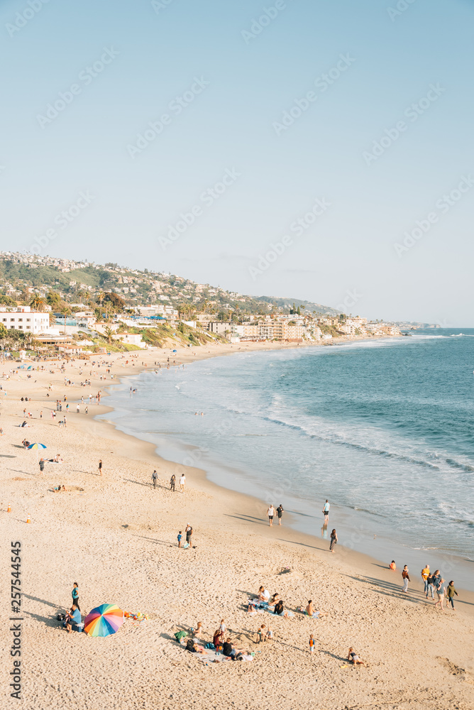 View of the beach and hills from Heisler Park, in Laguna Beach, Orange County, California