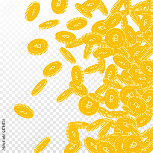 Russian ruble coins falling. Scattered big RUB coi
