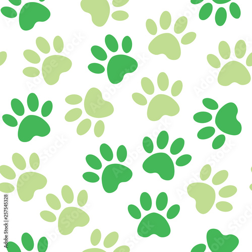 Paw green print seamless. Vector illustration animal paw track pattern. backdrop with silhouettes of cat or dog footprint.