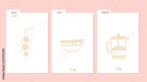 Modern Recipe card template for instant print cookbook. Menu Creator Vector Illustration. Kitchen food template