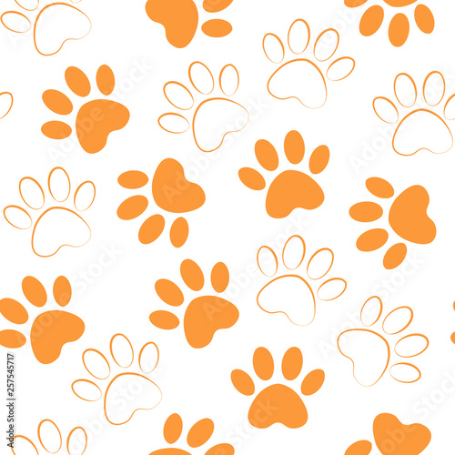 Paw orange print seamless. Vector illustration animal paw track pattern. backdrop with silhouettes of cat or dog footprint.