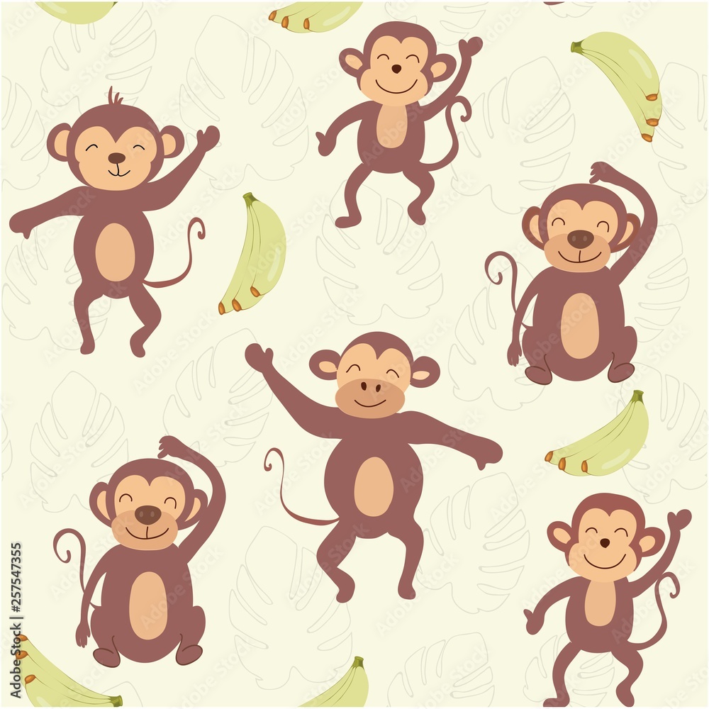 childish jungle texture with monkeys and jungle elements. seamless pattern vector illustration childish jungle texture with monkeys and jungle elements. seamless pattern vector illustration