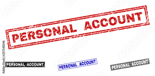 Grunge PERSONAL ACCOUNT rectangle stamp seals isolated on a white background. Rectangular seals with grunge texture in red, blue, black and gray colors.
