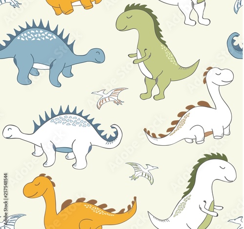 childish dinosaur seamless pattern for fashion clothes  fabric  t shirts. vector illustration