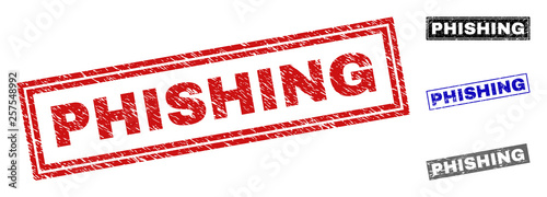 Grunge PHISHING rectangle stamp seals isolated on a white background. Rectangular seals with grunge texture in red, blue, black and gray colors.