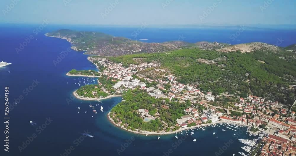 Beautiful high aerial view over the croatian island and port town of Hvar Beautiful high aerial view over the croatian island and port town of Hvar