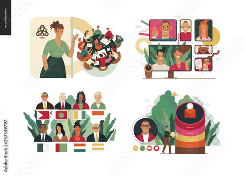 Technology 2 set - modern flat vector concept digital illustration- Video Conferencing Technology, Meet our team, CRM Customer Relationship Management, Political leaders meeting. Creative web template