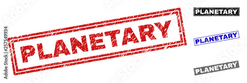 Grunge PLANETARY rectangle stamp seals isolated on a white background. Rectangular seals with distress texture in red, blue, black and gray colors.