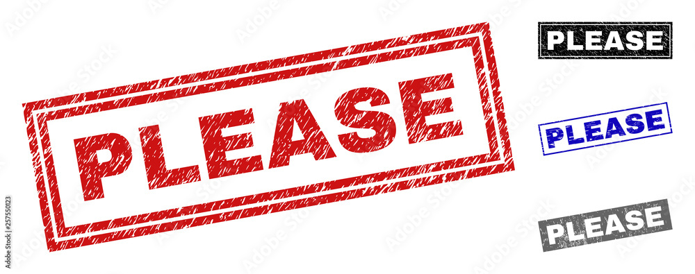 Grunge PLEASE rectangle stamp seals isolated on a white background. Rectangular seals with grunge texture in red, blue, black and gray colors. Grunge PLEASE rectangle stamp seals isolated on a white background. Rectangular seals with grunge texture in red, blue, black and gray colors.