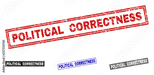 Grunge POLITICAL CORRECTNESS rectangle stamp seals isolated on a white background. Rectangular seals with grunge texture in red, blue, black and gray colors.