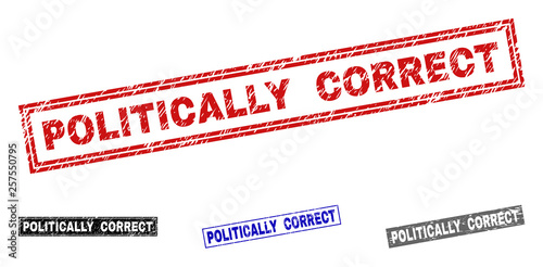 Grunge POLITICALLY CORRECT rectangle stamp seals isolated on a white background. Rectangular seals with grunge texture in red, blue, black and grey colors.