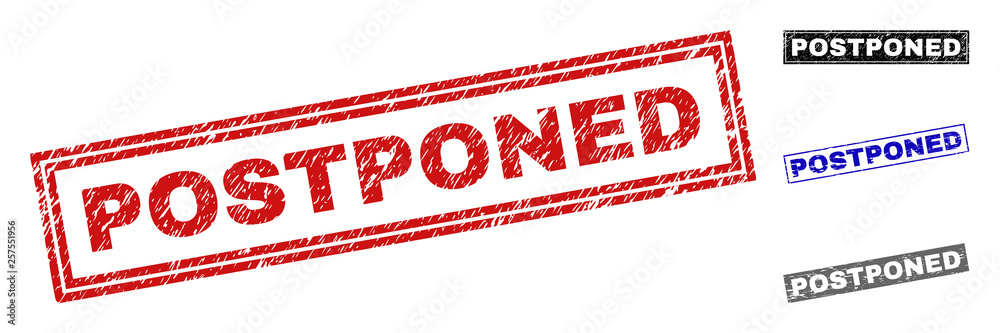 Grunge POSTPONED rectangle stamp seals isolated on a white background. Rectangular seals with grunge texture in red, blue, black and gray colors. Grunge POSTPONED rectangle stamp seals isolated on a white background. Rectangular seals with grunge texture in red, blue, black and gray colors.