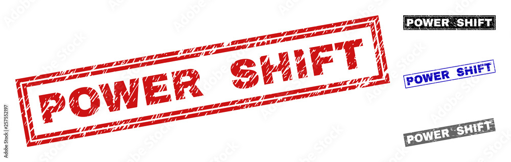 Grunge POWER SHIFT rectangle stamp seals isolated on a white background. Rectangular seals with grunge texture in red, blue, black and grey colors. Grunge POWER SHIFT rectangle stamp seals isolated on a white background. Rectangular seals with grunge texture in red, blue, black and grey colors.
