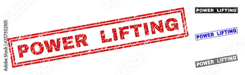 Grunge POWER LIFTING rectangle stamp seals isolated on a white background. Rectangular seals with grunge texture in red, blue, black and grey colors.