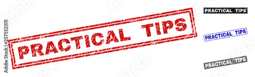 Grunge PRACTICAL TIPS rectangle stamp seals isolated on a white background. Rectangular seals with grunge texture in red, blue, black and grey colors.
