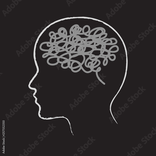 Linear iluet head and brain on a black background. Concept. Vector illustration.