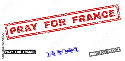 Grunge PRAY FOR FRANCE rectangle stamp seals isolated on a white background. Rectangular seals with grunge texture in red, blue, black and gray colors.