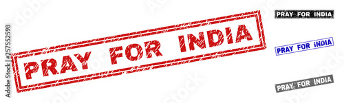 Grunge PRAY FOR INDIA rectangle stamp seals isolated on a white background. Rectangular seals with grunge texture in red, blue, black and grey colors.